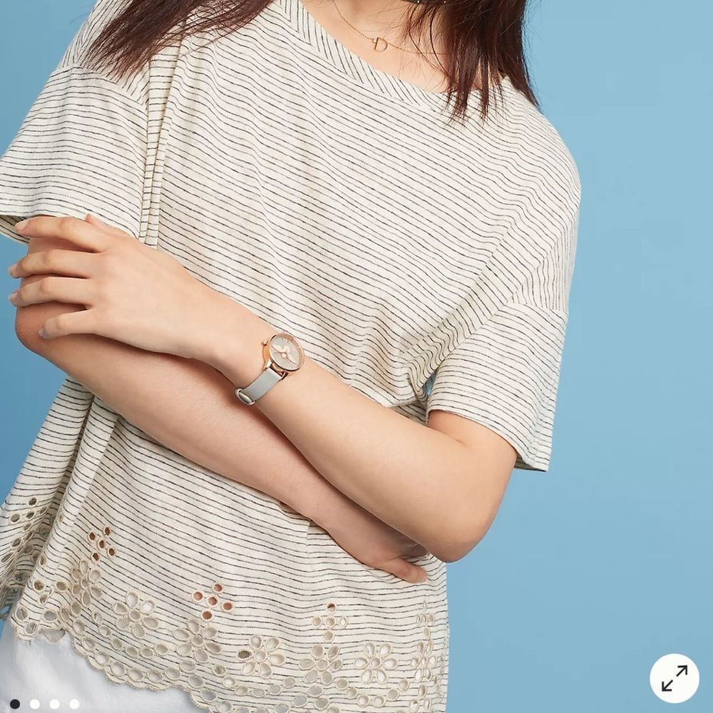 Anthro Postage Eyelet Trimmed Hem Striped Short Sleeve Casual Tee Top - Picture 2 of 8